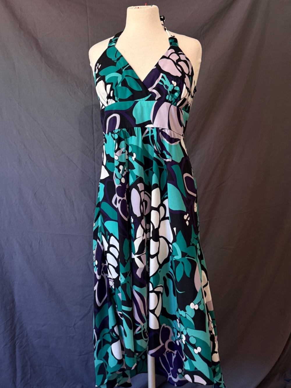 Jessica Simpson Floral Halter Maxi Dress Sz 12 Teal Purple High Low Resort Boho
